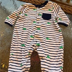Little Me Navy & White Striped Footie with Green Whale Print
